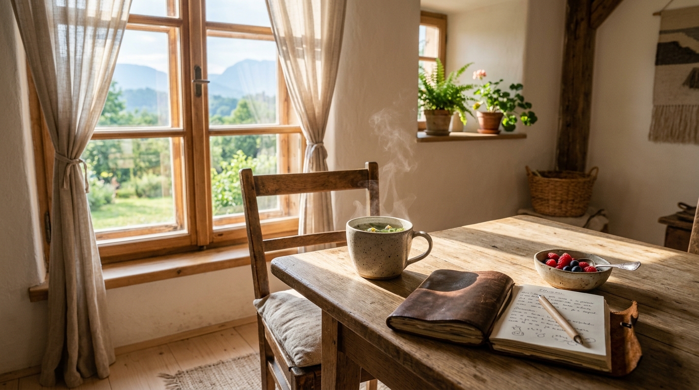 Mirno jutro s čajem in dnevnikom v naravni svetlobi