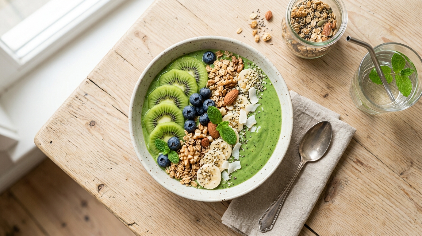 Sveža zelena smoothie skleda s sadjem na leseni mizi